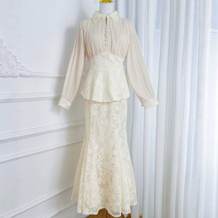 Chiffon Top with Lace Skirt Set Elegant Beaded Jacket Mermaid Hem Chic Design Perfect for Parties and Special