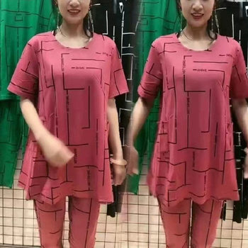 plus size 100.00kg foreign style loose middle-aged and elderly women's clothing fat mother suit short sleeve 2025 summer suit