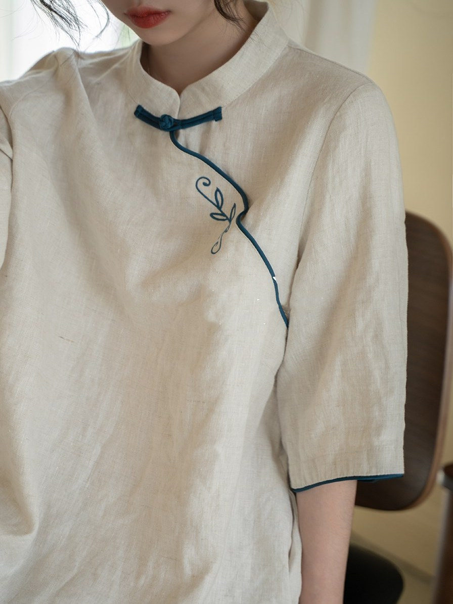 Summer Vintage Embroidered New Chinese Style Improved Cheongsam dress Small Vertical Neck Pan Mouth Loose Classical Elegant Midi Dress