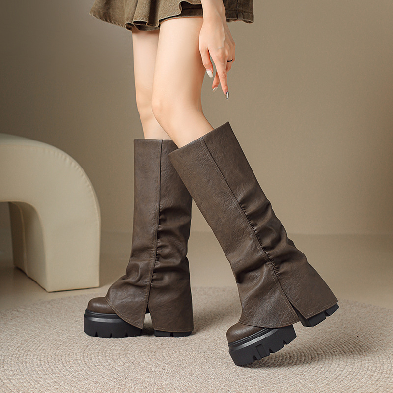 Boot Cổ Cao Nữ Chất Liệu Da Bò Cao 12cm Tăng Chiều Cao Đế Cao Hàng Mùa Xuân Thu Đông