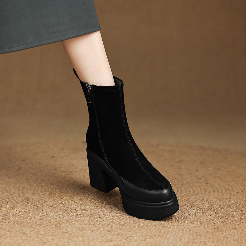 Boot nữ mũi nhọn phối da, cổ ngắn ôm chân, đế dày gót cao — Lớp lót đơn màu đen, Lót nhung đen