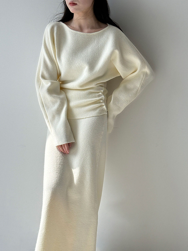 French Style One-Line Collar Waist Top for Women + High-Waisted Knitted Skirt for Women, Two-Piece Suit Ss864