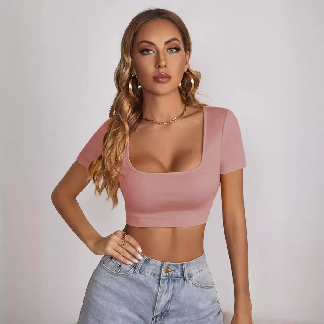 Summer Womens Crop Top Square Neck Slim Fit Short Sleeve Trendy Street Style Wholesale Available