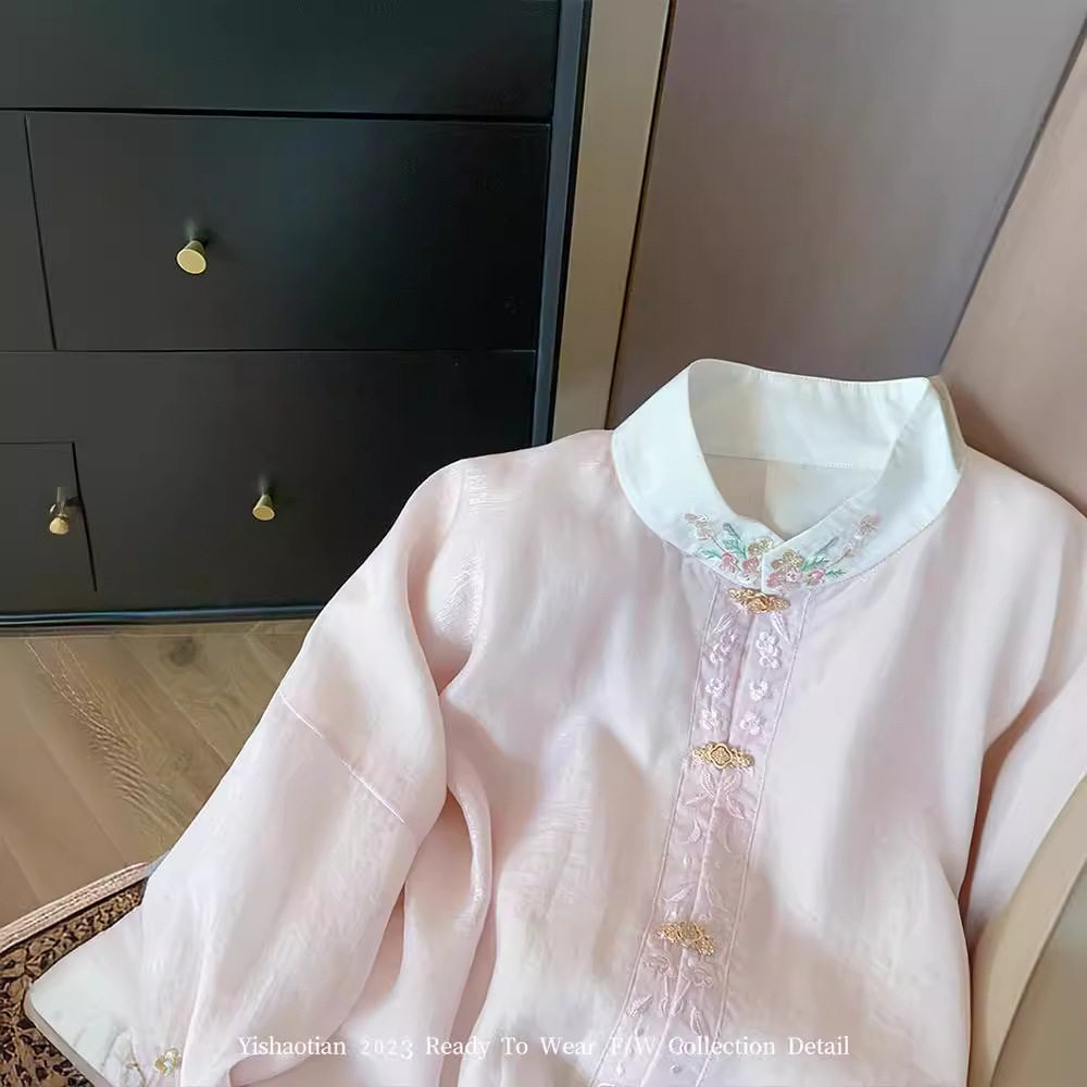 New Chinoiserie Pink Embroidered Stand-Up Collar Long-Sleeved Shirt for Women 2025 Spring & Fall National Style Gentle and Sweet Elegant Light Top