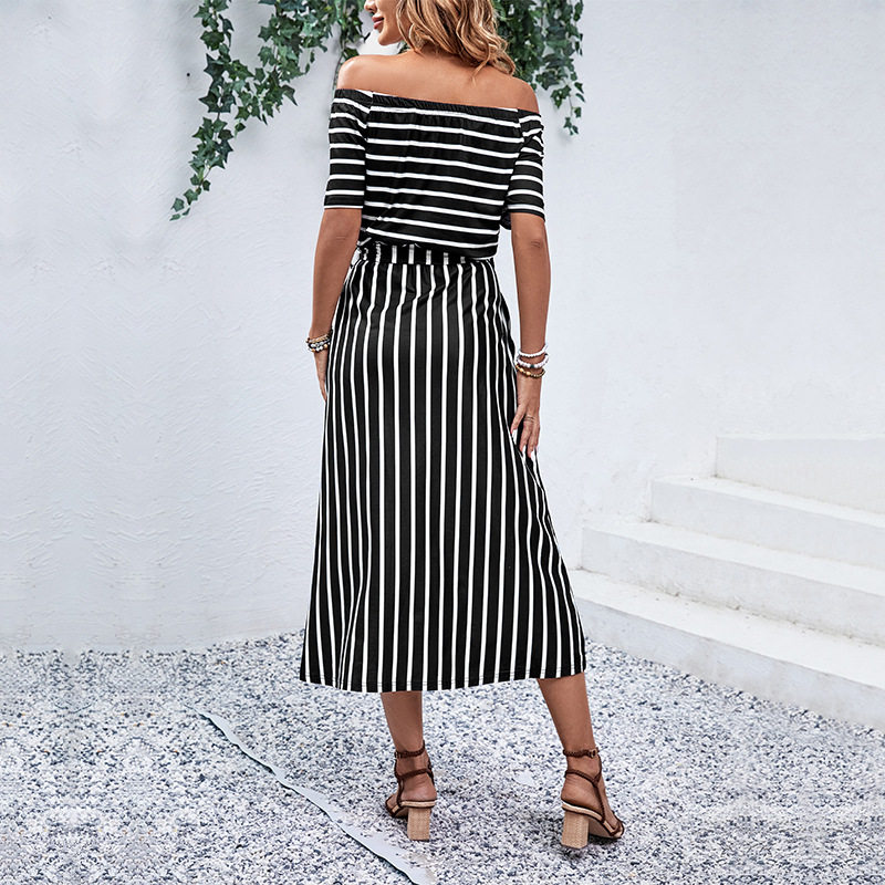 Off Shoulder Striped Summer Dress Casual Minimalist Style Comfortable Fit Perfect for Beach or Outdoor Events