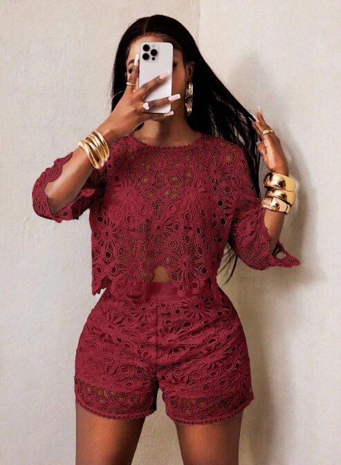 Womens Two Piece Set Solid Color Hollow Lace Slim Fit Elegant Design Perfect for Fall Occasions Wholesale