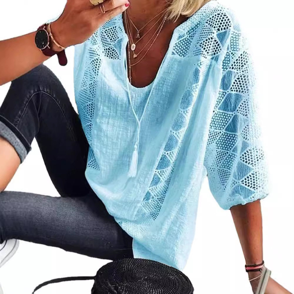 Lace Top Hollow Out Design U Neck Three Quarter Sleeve Casual Wear for Women Wholesale Available