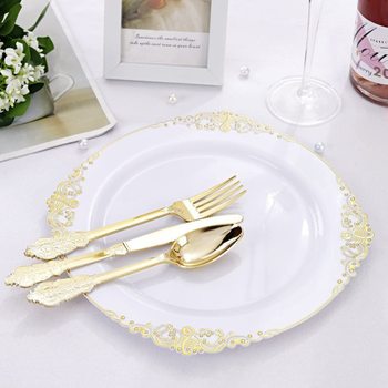 Disposable Dinner Plate Set White Gold Edge Embossed Plate Wine Glass Knife Fork Spoon Ps Hard Plastic Gold Dust-Free Paper Set