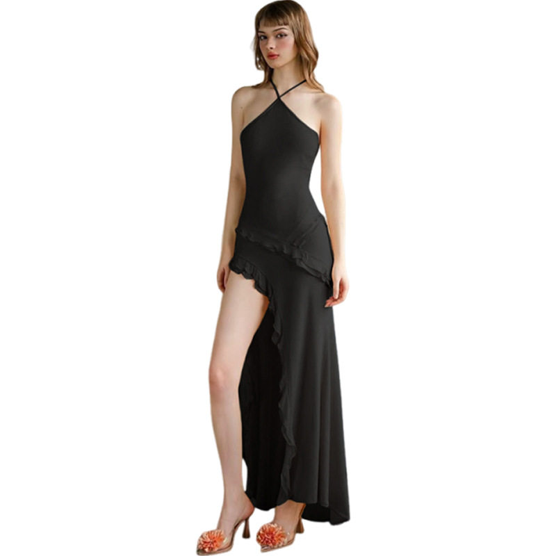 Summer Womens Dress Sexy Halter Neck Ruffled Trim Side Slit Design Perfect for Parties and Casual Outings