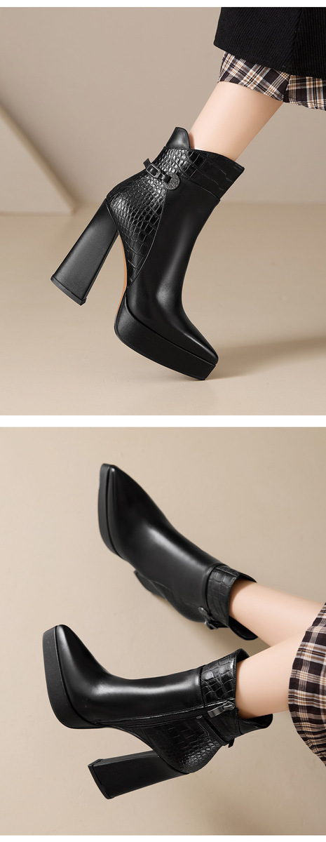 Boot nữ cổ thấp da bò mũi nhọn gót nhọn siêu cao phối khóa kéo bên — màu đen, nâu