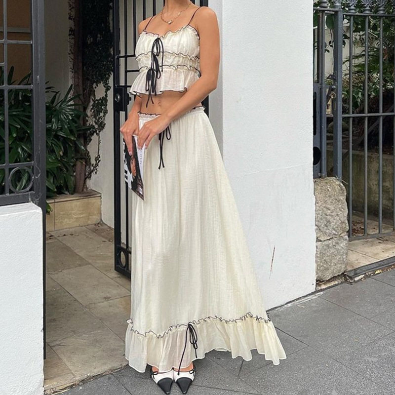 Womens Summer Fashion Set Stylish French Inspired Sleeveless Top Elegant Maxi Skirt Perfect for Vacations Wholesale