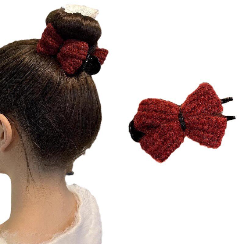 Knitted Bow Grab Clip Women's Autumn and Winter Ball Hair Clip Headwear 2024 New Back of Head Disc Hair Fixing Hairpin