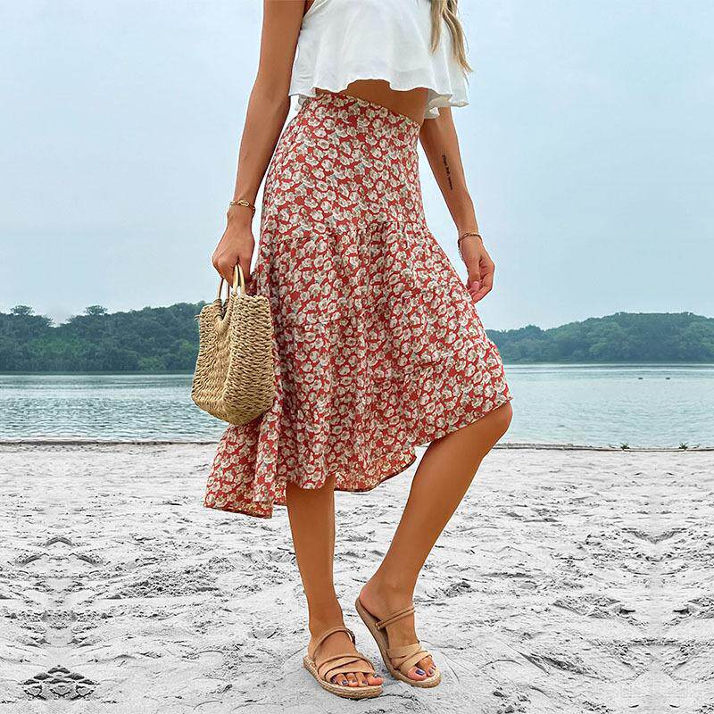 High Waisted Irregular Floral Midi Skirt Fresh and Sweet Design Summer Vacation or Date Wear Wholesale Available