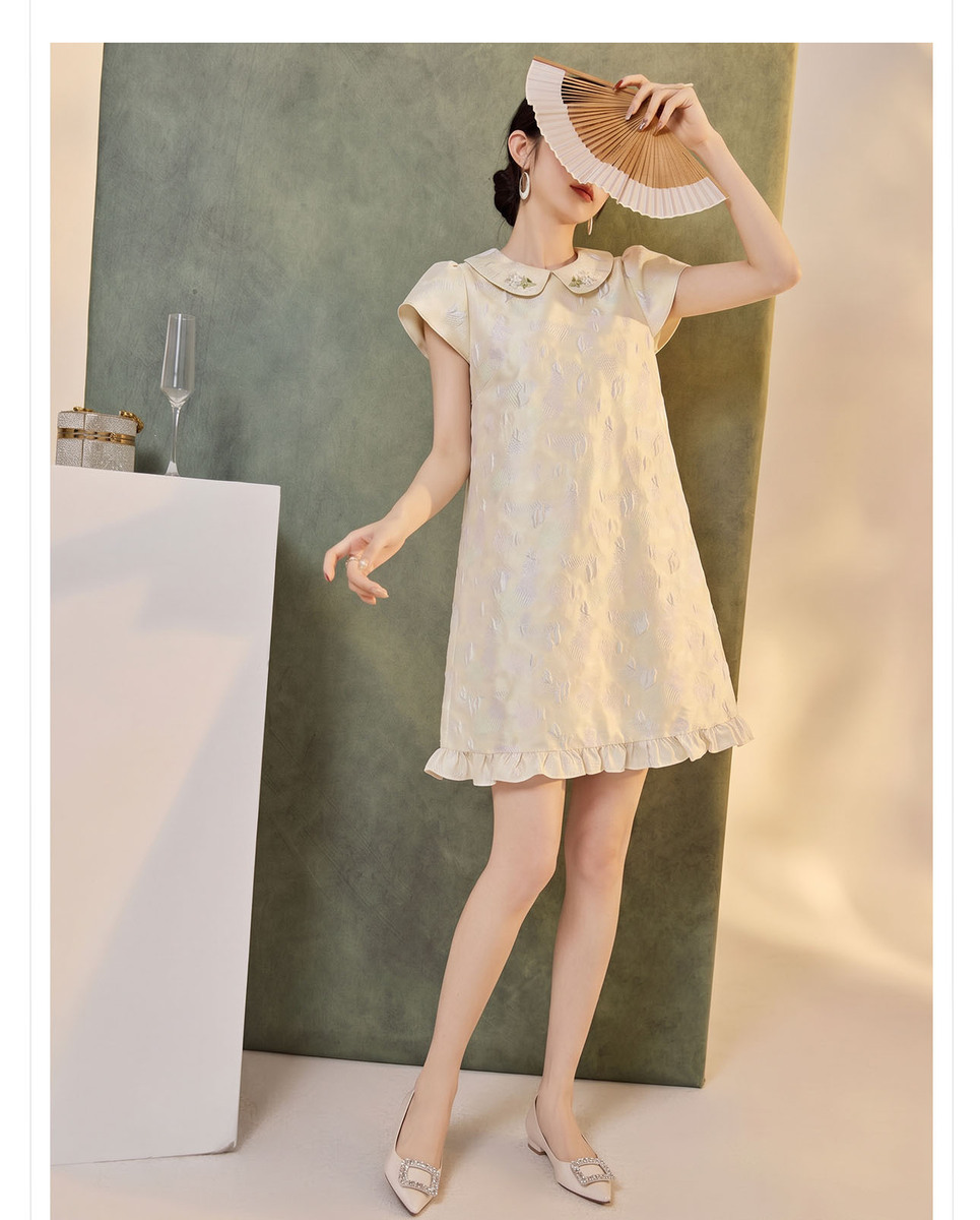 Đầm liền họa tiết jacquard cổ búp bê tay ngắn dáng chữ A — Phô mai vàng (giao hàng trong 7 ngày), Phô mai vàng (giao hàng trong ngày)