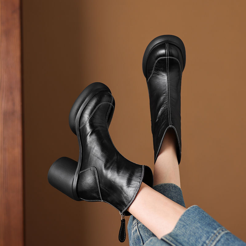Boot nữ cổ ngắn da cừu gót thô khóa kéo sau — Lớp lót đơn màu đen, Lớp lót đơn màu nâu, Lót nhung đen, Lót nhung màu nâu