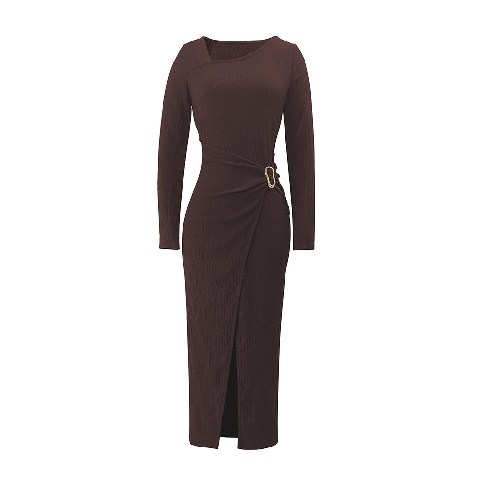 Slim Fit Knitted Dress for Women Deep Brown Color Asymmetrical Neckline Metal Ring Detail Side Slit Long Sleeve