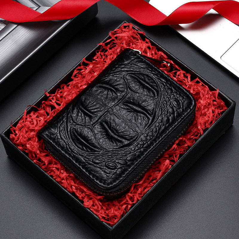Top Layer Cowhide Organ Card Holder Crocodile Pattern Women's Card Holder Men's Card Bag Multifunctional Zipper Small Wallet Anti-Magnetic