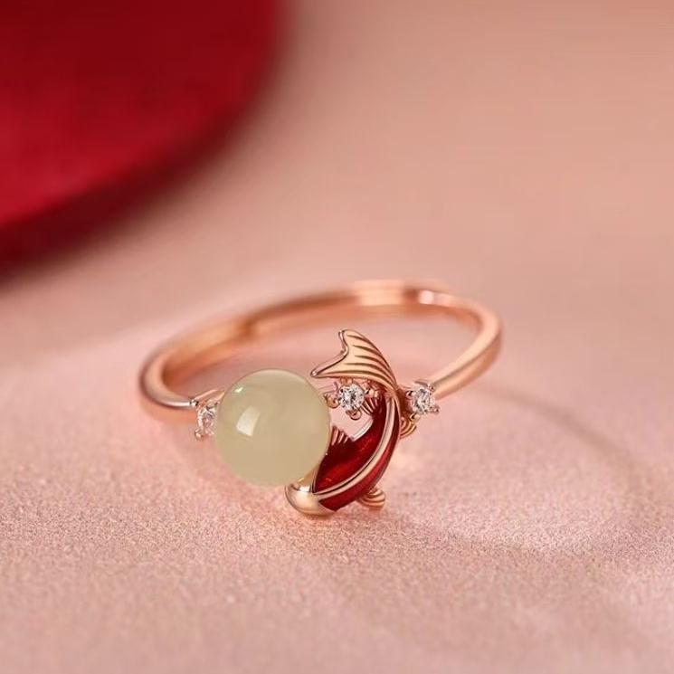 新中式玉见锦鲤戒指女滴胶金鱼素圈食指戒简约百搭民族风开口指环