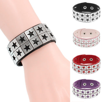 European and American Retro Harajuku Punk Style Double Row Hollow Star Leather Bracelet PU Leather Bracelet Bracelet Jewelry