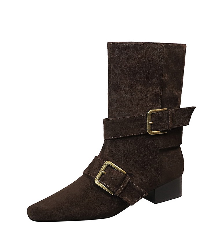Boot nữ cổ trung mũi vuông khóa thắt lưng gót vừa phong cách retro — màu đen, nâu đậm, quả mơ