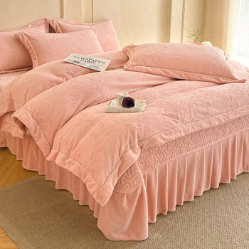 Full Matte Carved Milk Velvet Bed Cover Four-Piece Set Thickened Quilted Bed Cover Double-Sided Velvet Winter Flannel Duvet Cover