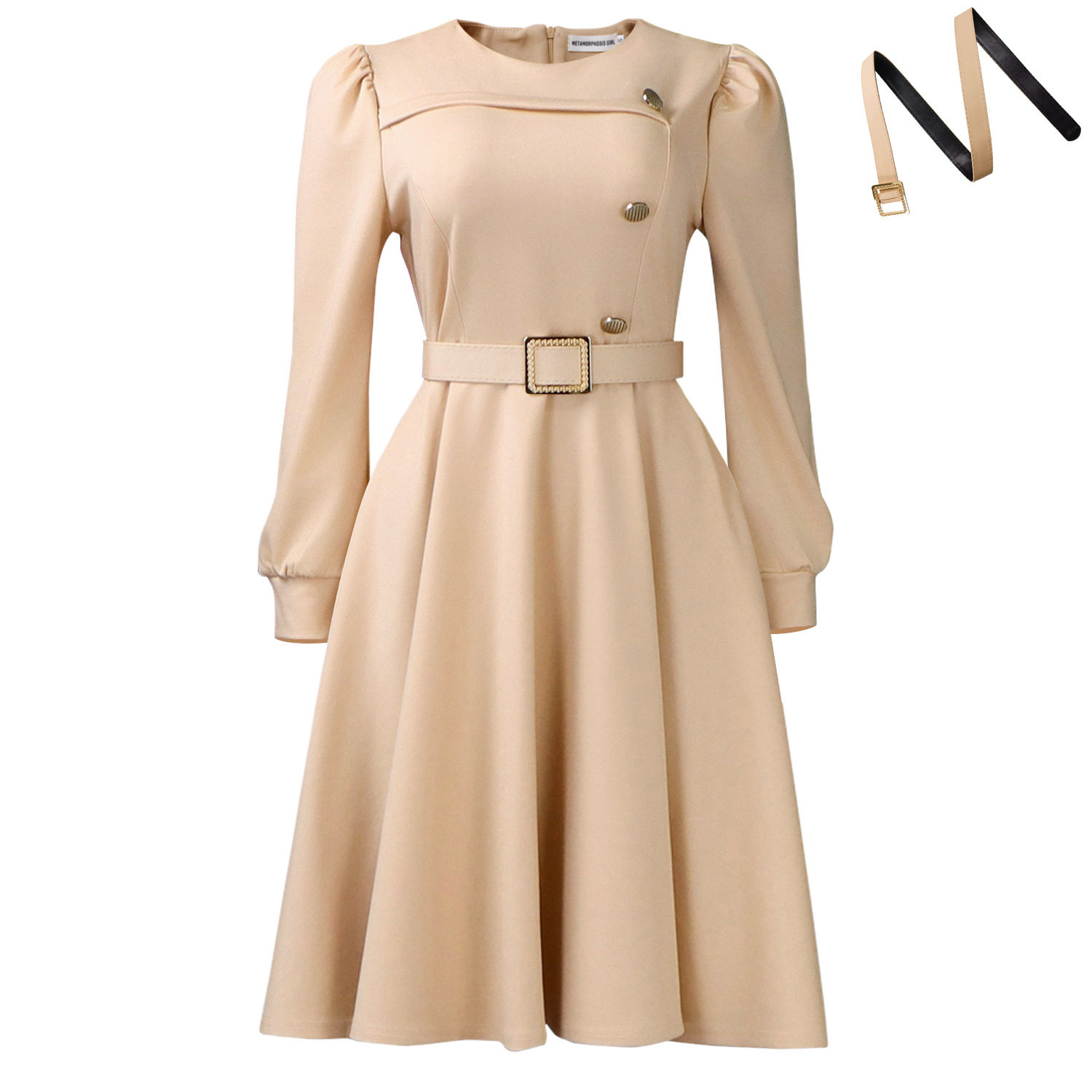 A Line Dress Long Sleeve High Waist Round Neck Solid Color Elegant Party Wear Wholesale Available