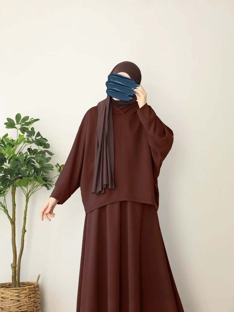 2024 Cross-border Foreign Trade New Women's Muslim Women's Solid Color Knitted Loose Hooded Top suit