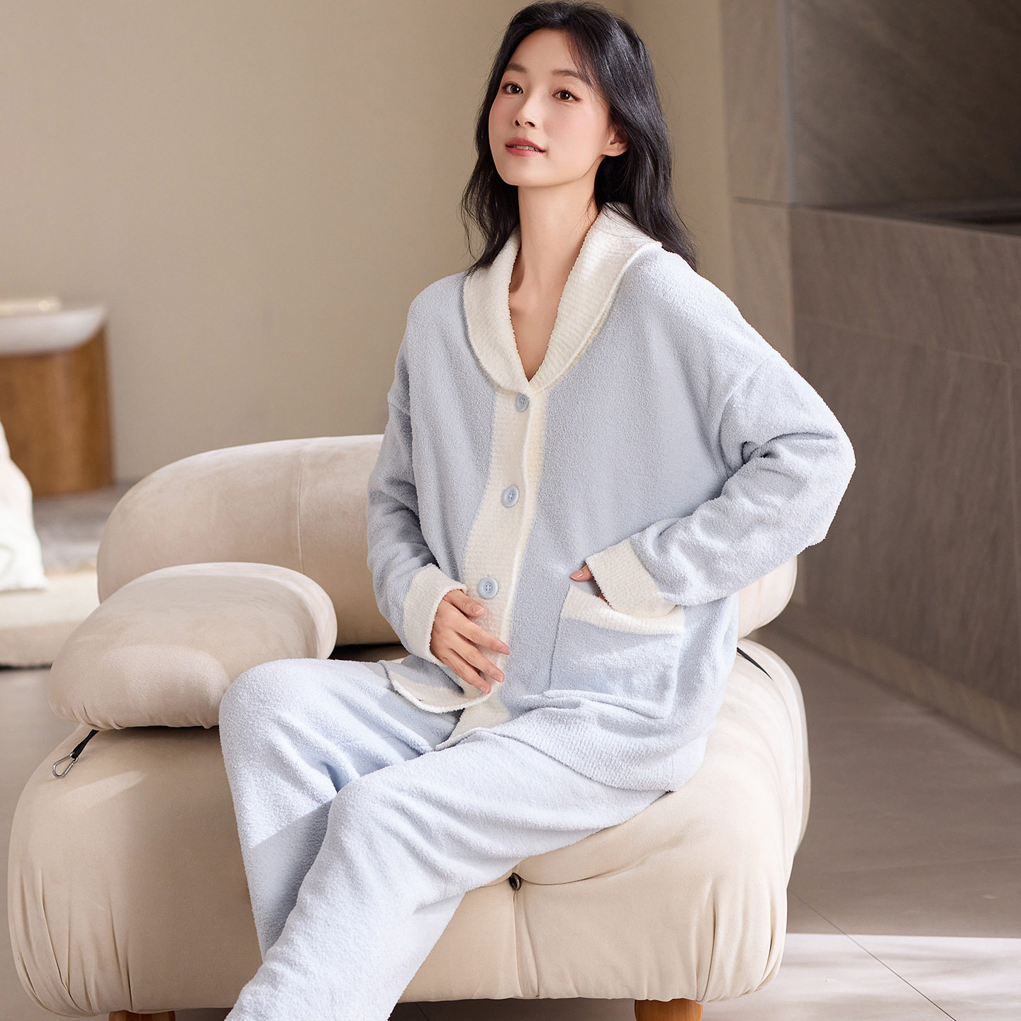 Autumn and Winter Postpartum Clothing Cardigan Flannel Pajamas for Women Pregnant Women Postpartum Home Clothes Set Thickeneded Half Velvet Women