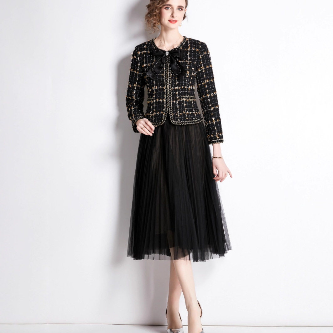 Embroidered Boucle Round Neck Jacket with Bow Top Mesh Midi Skirt Set Elegant Sweet Style for Parties Wholesale