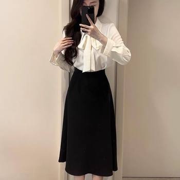 Black Commuter Professional Skirt with Lace-Up White Shirt Suit New High-Waisted Slimming Mid-Length Skirt Suit