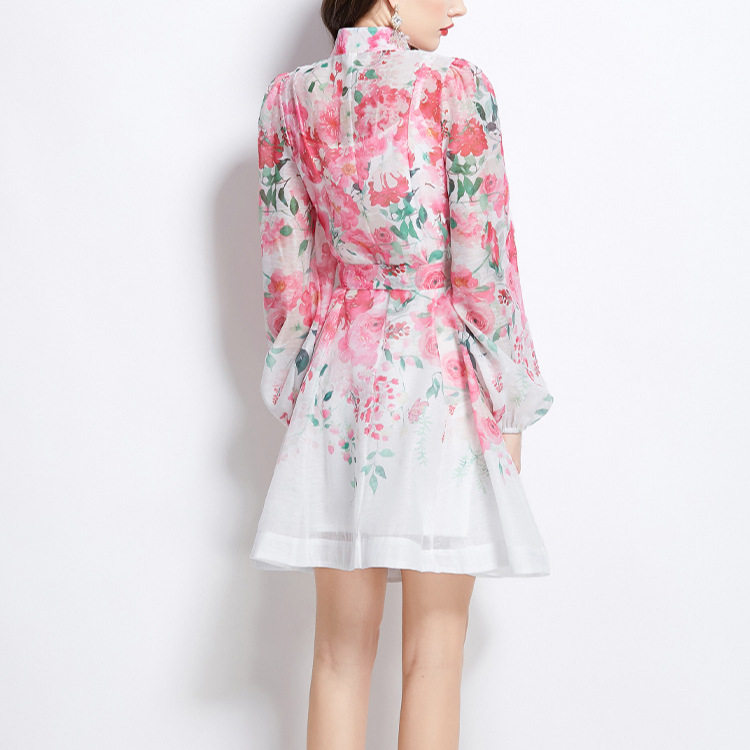 Elegant Spring Dress Stand Collar Single Breasted Lantern Sleeves Floral Print Waist Tie Perfect for Parties and