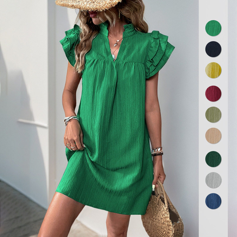 Summer Casual Loose Straight Dress Stand Collar Solid Color Comfortable Fabric Vacation Wear Wholesale Available