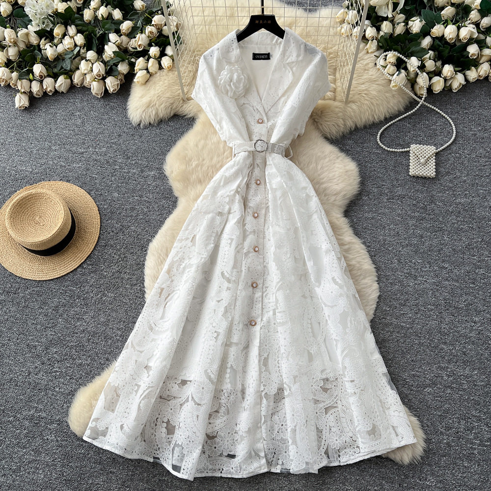 French Lace Floral Hollow Out Maxi Dress High Waist Slim Fit Elegant Style Perfect for Formal Occasions Wholesale
