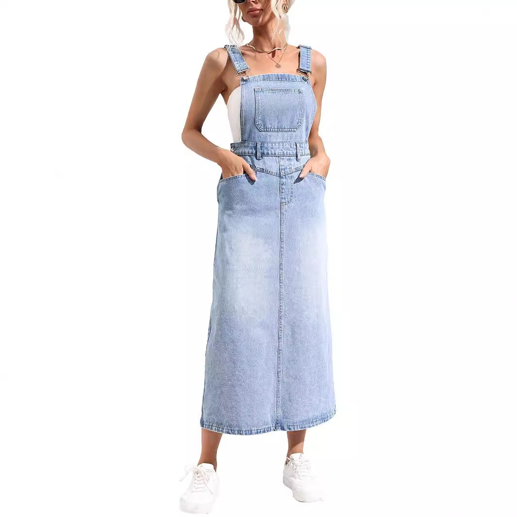 Denim Midi Dress Waist Defining Sleeveless Trendy Design Casual Wear for Summer Wholesale Available