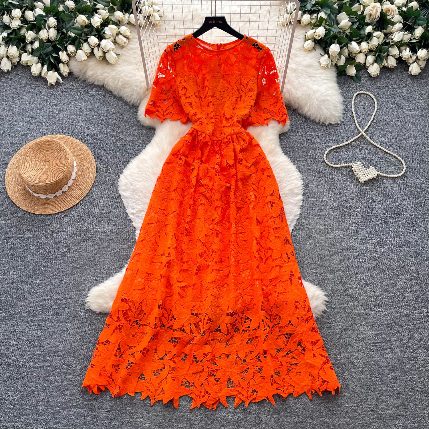 French Lace Short Sleeve Dress Hollow Out Waist Defining A Line Silhouette Elegant Summer Office Wear Wholesale