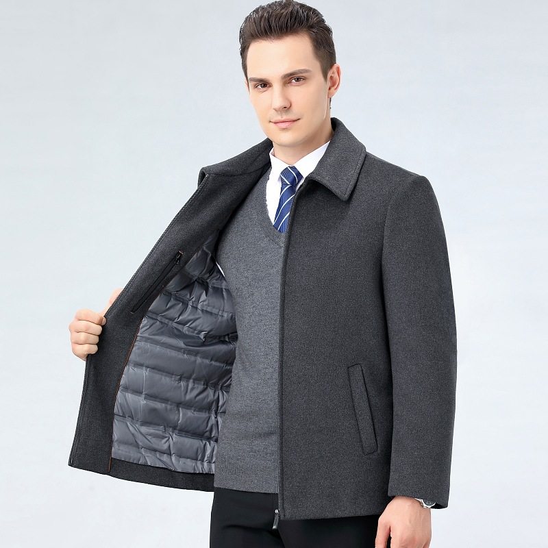 Áo Khoác Dạ Nam Lông Cừu Dáng Ngắn Cổ Bẻ Lót Lông Vũ Giữ Ấm Màu Xanh Navy, Xám