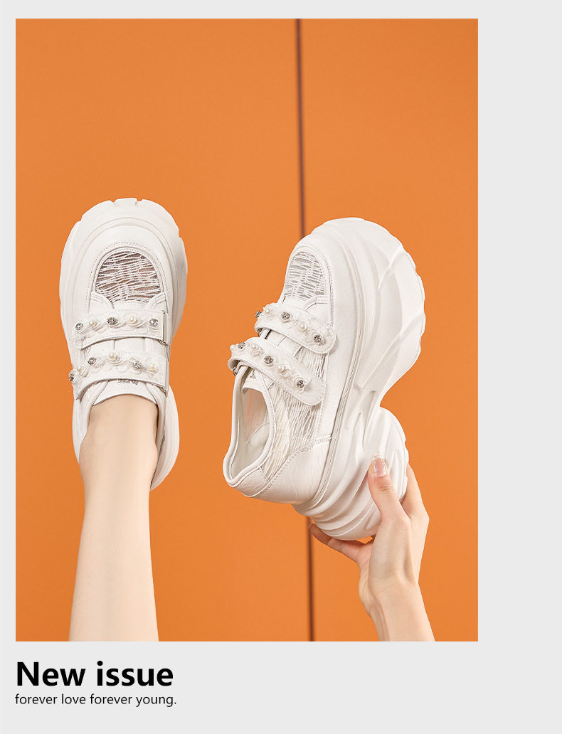 Giày sneaker nữ chunky đế dày màu trắng, form mũi tròn, phong cách thể thao casual — Bạc, Trắng chi tiết 12