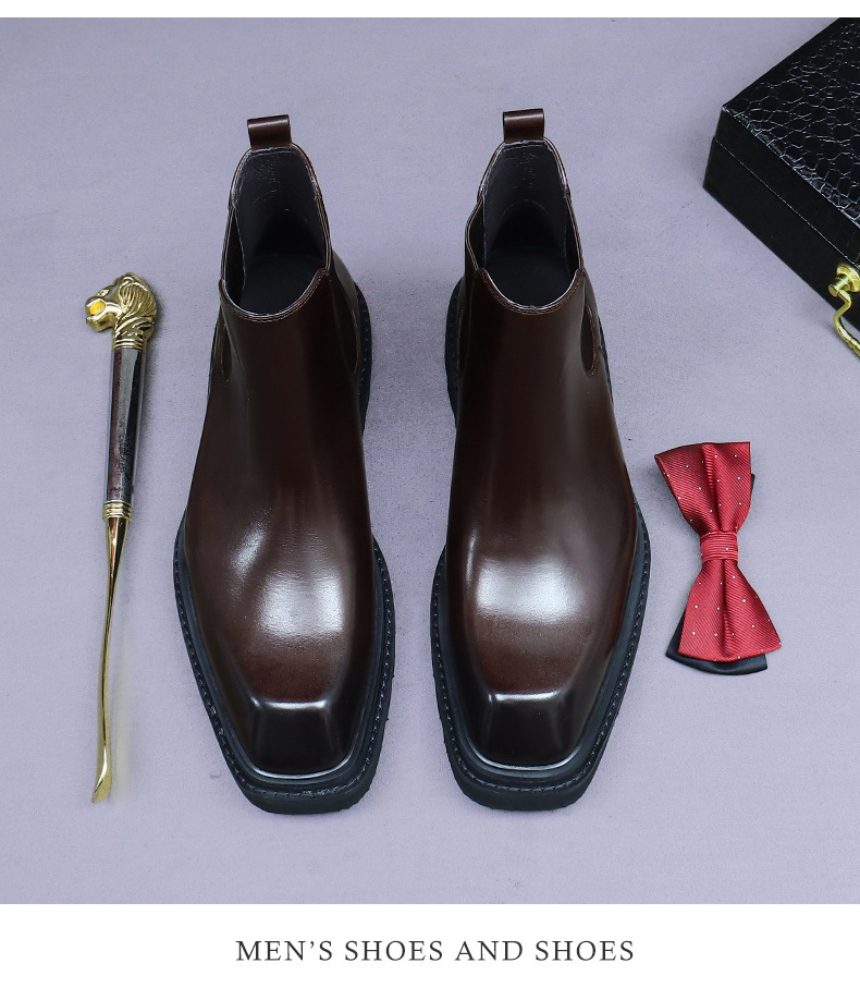 Boot Chelsea nam da bò cổ thấp đế dày phong cách công sở — Lớp lót lông cừu màu nâu cà phê, Màu đen, Lót lông cừu màu đen, Màu cà phê