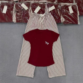 Foreign Trade Fashion suit Women's Bow Embroidered T-shirt Shorts Striped Loose Slimming Wide Leg Pants Casual Two-piece Set