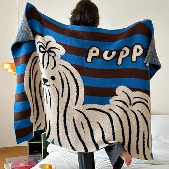F8H American-Style Blue Striped Multifunctional Knitted Half Blanket, Nap Blanket, Thickened Blanket for Bed