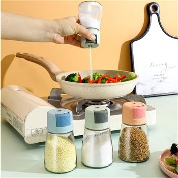 Kitchen Glass Seasoning Salt Control Bottle Push-Type Quantitative Seasoning Jar Sealed Seasoning Box Salt Jar Msg Seasoning Jar