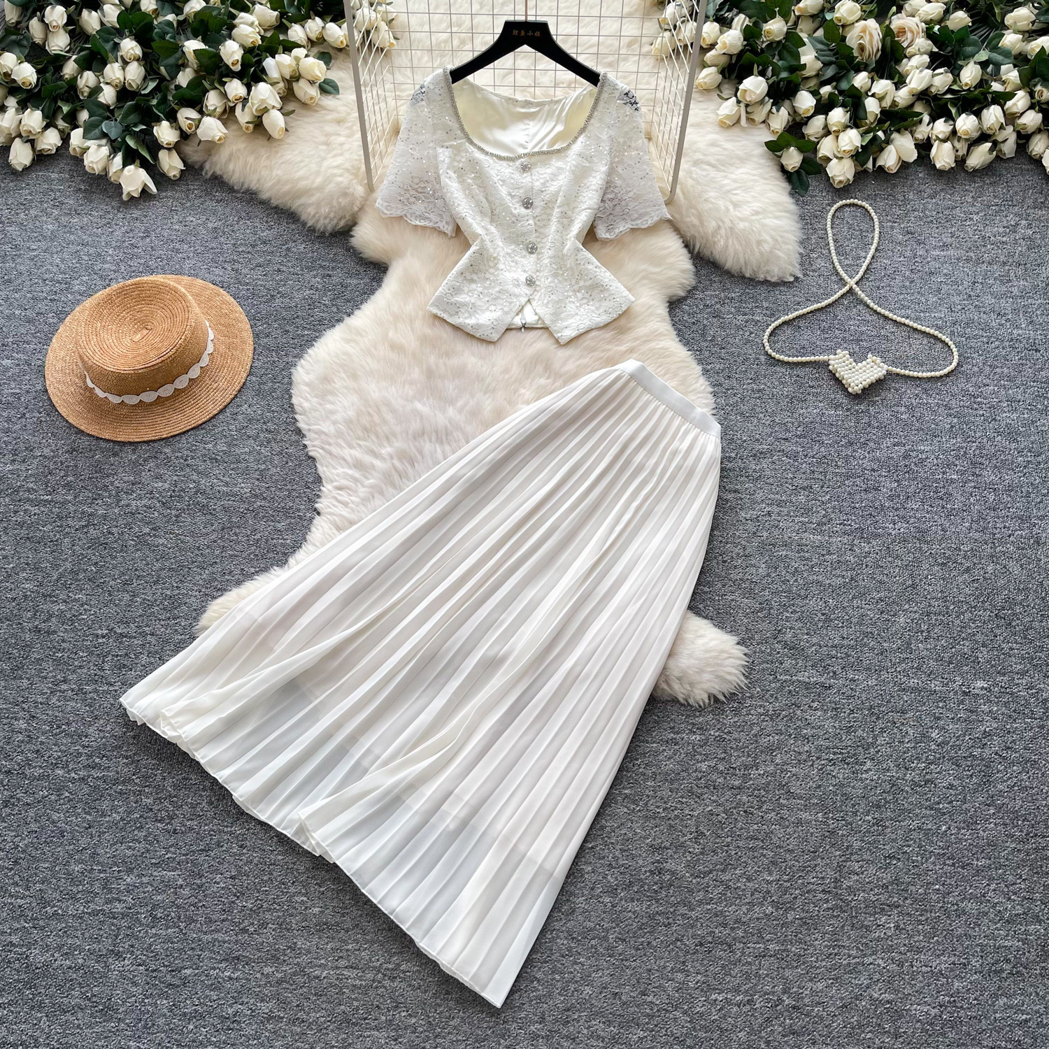 Lace V Neck Tank Top and High Waisted Pleated Skirt Set Elegant Soft French Style Summer Fashion for Women Wholesale