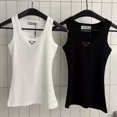 25Ss New P Brand Metal Triangle Logo Ribbed Knit Slim-Fit Sleeveless Tank Top for Women, Stretchy Base Layer Camisole