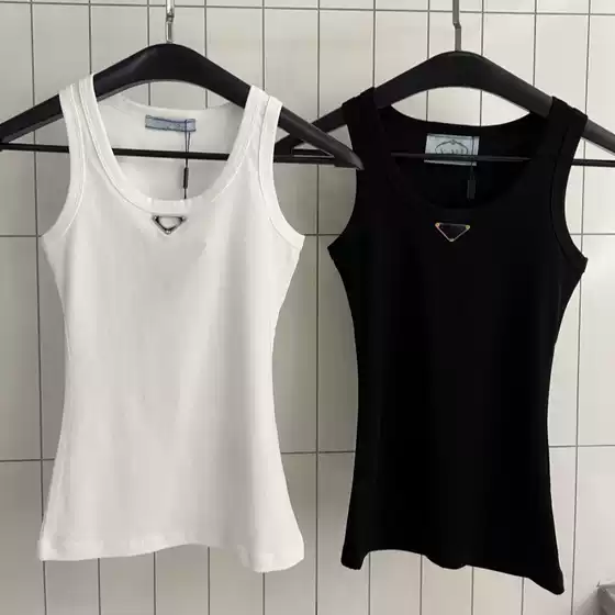 25Ss New P Brand Metal Triangle Logo Ribbed Knit Slim-Fit Sleeveless Tank Top for Women, Stretchy Base Layer Camisole