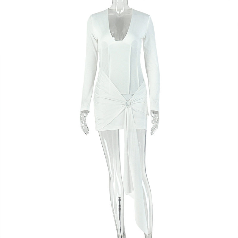 Solid Color Long Sleeve V Neck Bodycon Mini Dress Slim Fit Tie Detail Elegant Style Perfect for Parties and Night Out