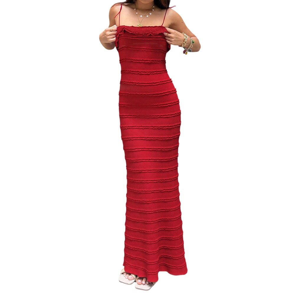 Red Lace Ruffled Cami Dress Slim Fit Elegant Design Unique Style Perfect for Parties and Special Occasions