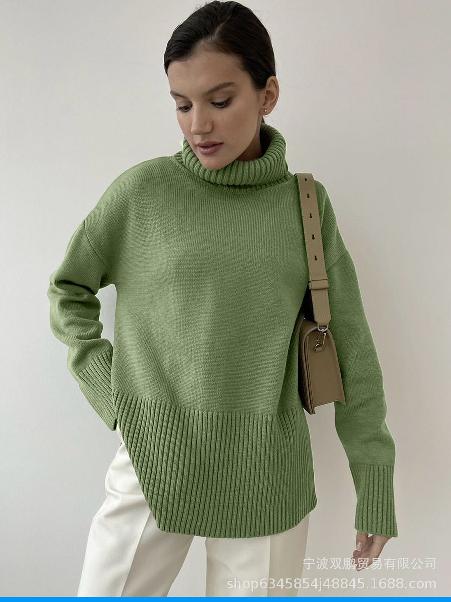 Loose Fit Turtleneck Sweater Solid Color Knitted Split Hem Autumn Winter Womens Fashion Wholesale Available