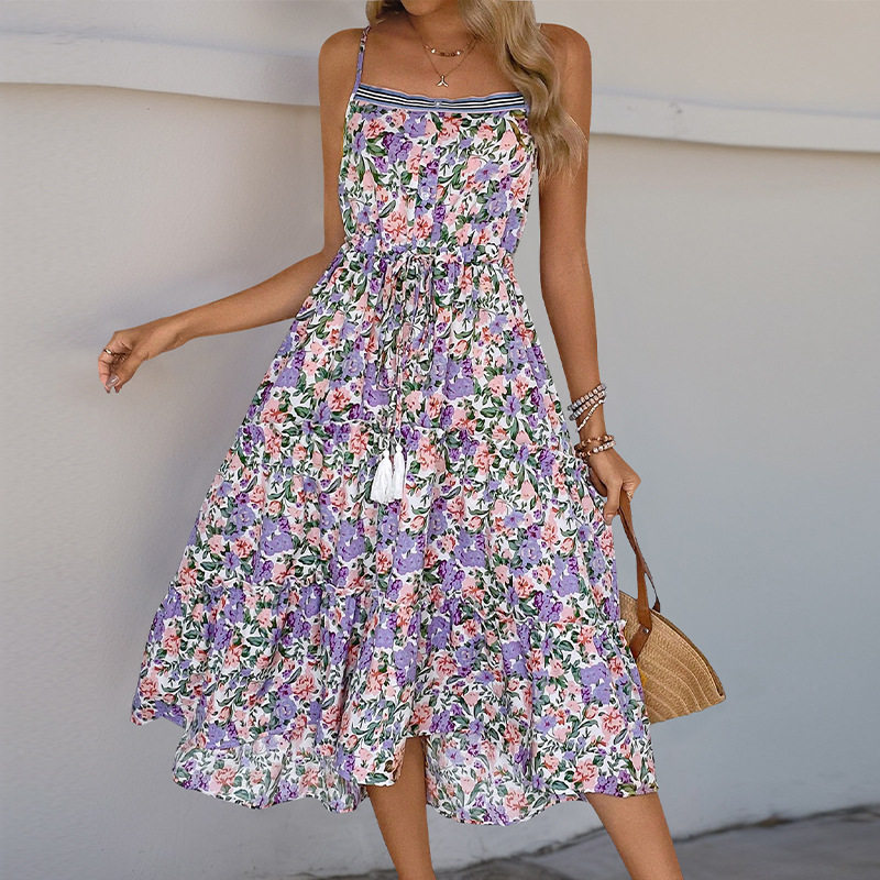Layered Floral Print Maxi Dress Casual Style Adjustable Drawstring Comfortable Fabric Perfect for Summer Outings
