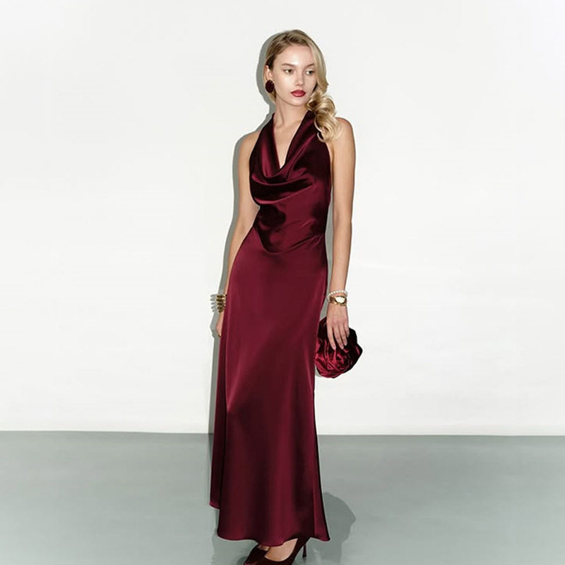 Backless Satin Midi Dress Deep V Neck Halter Neck Slim Fit Elegant Wine Red Cocktail Party Evening Wear