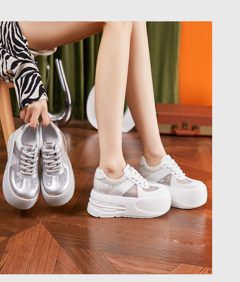 Giày sneaker nữ đế dày chunky lưới thoáng khí, tăng chiều cao, phong cách đa năng — Trắng, Bạc chi tiết 10
